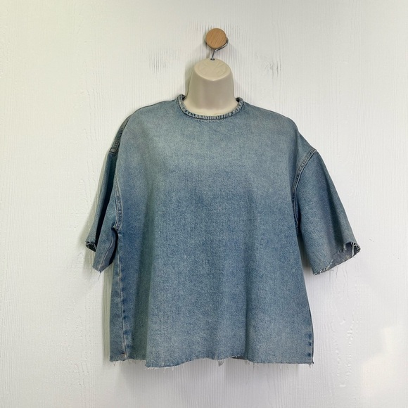 Zara - Blue Stonewashed With Frayed Hemline Denim Short Sleeve Shirt Size XS - Picture 3 of 12